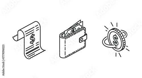 Isometric financial icons wallet, receipt, and coin in linear design