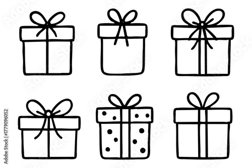 Different gift box icon set, hand drawn, doodle style. Vector stock illustration