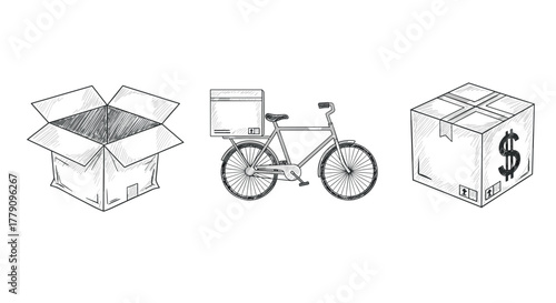 Hand drawn delivery icons open box, bicycle with parcel, secured package