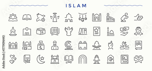 Islam icon set in linear style. Containing christianity, christian, easter, ritual, catholic and more. Religion icon. Icons for UI design. Editable stroke. Vector illustration.