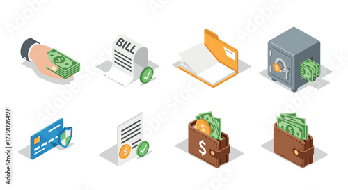 Isometric finance icons wallet, safe, credit card, and payment methods