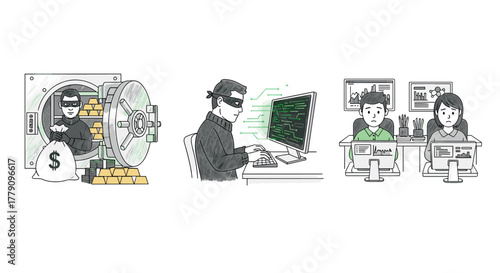 Masked cyber criminals hacking into financial systems with digital devices