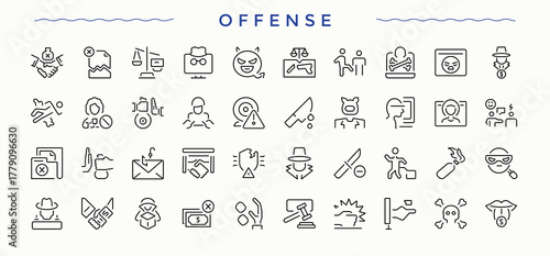 Offense icon pack. Fraud icon. Thin UI icons. Includes thin line symbols criminal, corrupt, fraud, bribery, corruption, bribe, illegal and more. Editable stroke. Vector illustration.