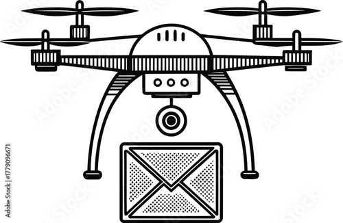 Drone delivering mail in black and white outline illustration with propellers and camera system