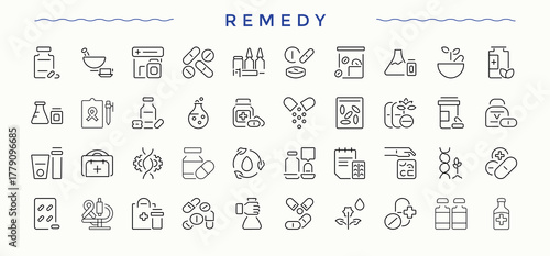 Remedy linear icon set. Contain linear symbols doctor, care, health, hospital, medicine, drug and more. Prescription icon set. UI icons set in a thin style. Vector illustration.