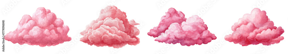 Naklejka premium Watercolor set of pink fluffy clouds. Cute pink clouds on isolated background. Cartoon set of clouds. Pink clouds. Pink sunset, dawn cloudy sky. Vector illustration.