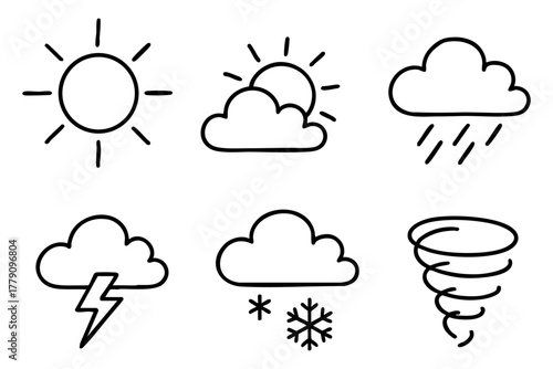 Weather icon set, hand drawn, doodle style. Vector stock illustration