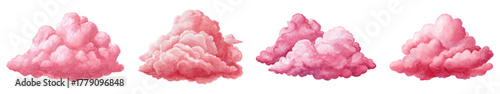 Watercolor set of pink fluffy clouds. Cute pink clouds on isolated background. Cartoon set of clouds. Pink clouds. Pink sunset, dawn cloudy sky. Vector illustration.
