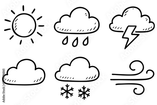 Weather icon set, hand drawn, doodle style. Vector stock illustration
