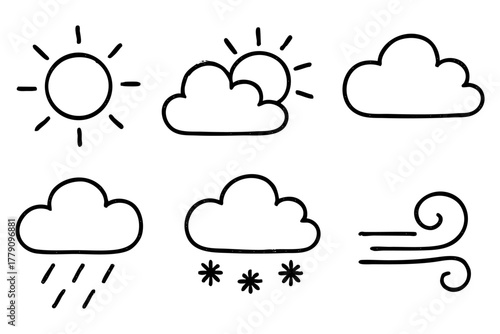 Weather icon set, hand drawn, doodle style. Vector stock illustration