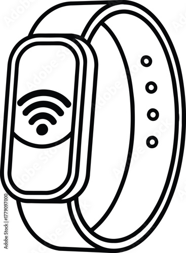 A black and white line art illustration of a smart watch with a band and a wifi symbol on the face