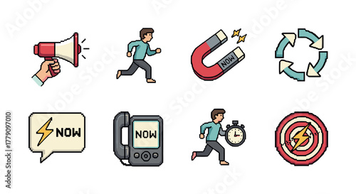 Pixel art icons magnet, running man, cycle arrows, stop watch, target
