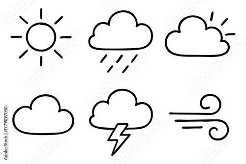 Weather icon set, hand drawn, doodle style. Vector stock illustration