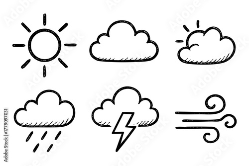Weather icon set, hand drawn, doodle style. Vector stock illustration