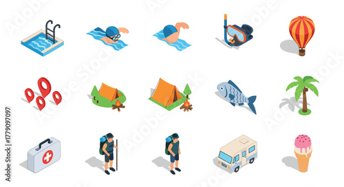 Summer camping and adventure icons in isometric style