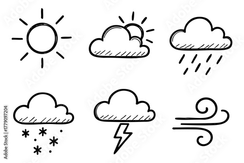 Weather icon set, hand drawn, doodle style. Vector stock illustration