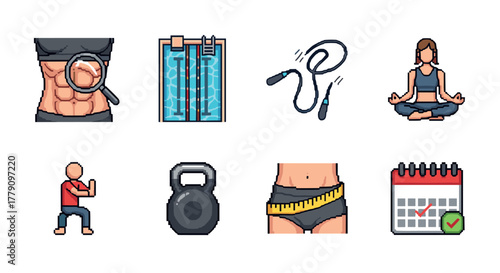Pixel art fitness icons yoga, jump rope, abs, pool, kettlebell, wellness
