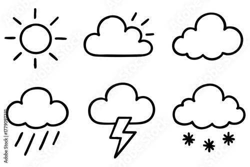 Weather icon set, hand drawn, doodle style. Vector stock illustration