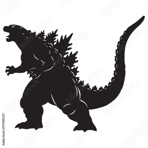 Powerful Reptilian Creature Silhouette with Spiked Back and Open Mouth