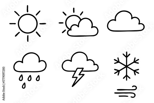 Weather icon set, hand drawn, doodle style. Vector stock illustration
