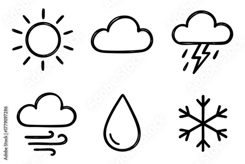 Weather icon set, hand drawn, doodle style. Vector stock illustration