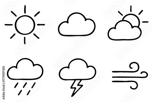 Weather icon set, hand drawn, doodle style. Vector stock illustration