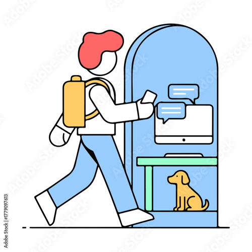 Modern professional with backpack checks phone near workstation and desk dog