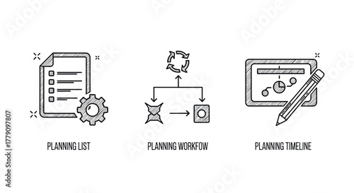 Sketch style icons for planning and workflow management with diagrams and charts