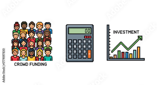 Pixel art crowd funding and investment concept with graph and calculator