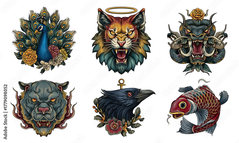 Obraz premium Vintage Tattoo Designs with Animals and Floral Elements in Old School Style