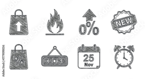 Handdrawn sketch icons shopping, sales, dates, and notifications