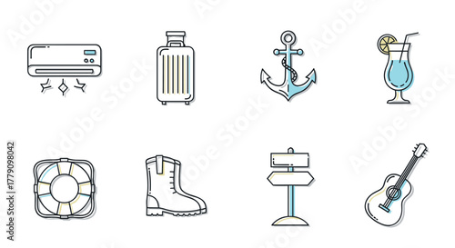 Travel icons set essentials in minimalistic linear style for summer adventures