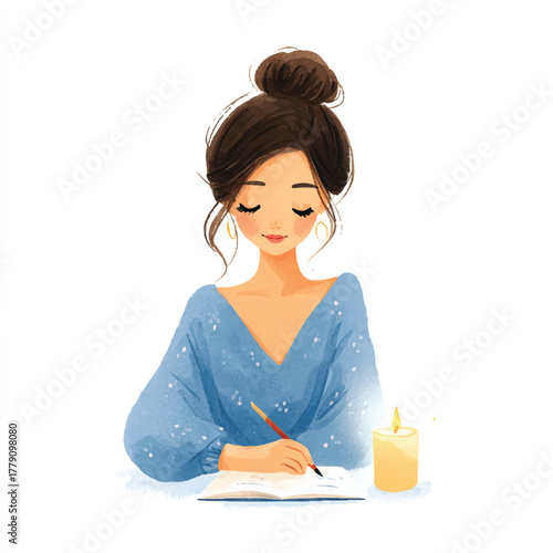Woman with bun writing at desk candlelight.