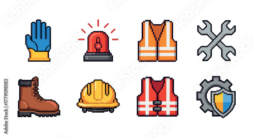 Pixel art safety equipment icons set for construction and industrial use