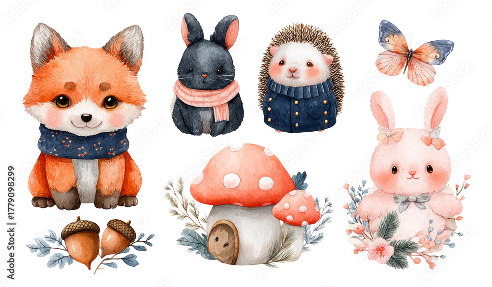 Fototapeta premium Adorable Woodland Animals in Watercolor Style with Mushrooms and Butterfly Decoration