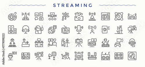 Streaming icon set. Video icon set. Trendy minimal icons. Contains such icons as podcast, live, video, media and more. Editable vector art.
