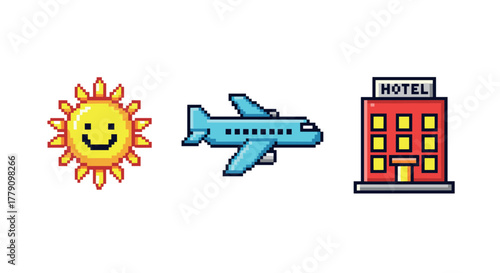 Pixel art travel icons sun, airplane, hotel for vacation themes