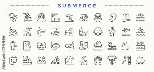 Submerge icon collection. Marine minimal thin line web icons set. Vector icons collection. Underwater linear icon set. Vector illustration in modern line style.