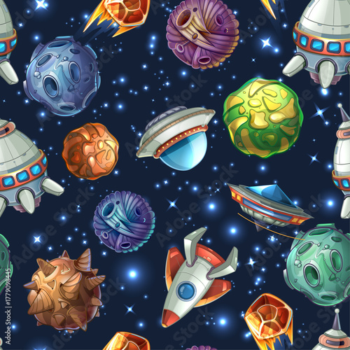 patrón espacial con planetas y naves sobre fondo oscuro con estrellas