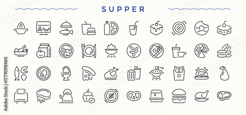 Supper icon set. Minimal icons set. Contain linear symbols restaurant, food, lunch, cook, breakfast. Pixel perfect. Editable stroke. Dinner vector line icon set.