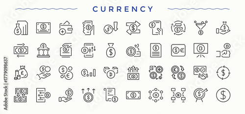 Currency simple icon set. Pack of banking, investment, finance, financial, payment, pay, wealth and more. Minimal thin line web icons set. Editable vector illustration. Financial icon set.