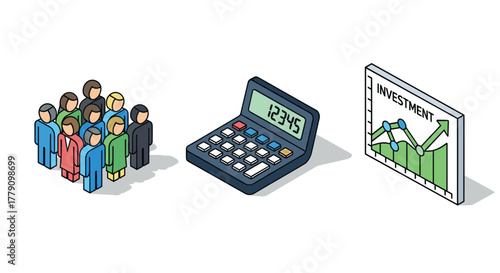 Isometric design of investment growth with calculator and diverse teamwork