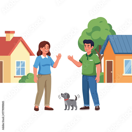 Welcoming neighbors meet with cute dog in a friendly neighborhood setting