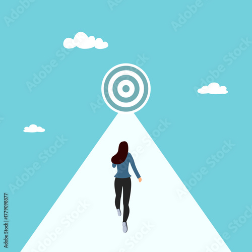 Road to success, Business growth, Skill or ability competition to succeed in a career or job, Businesswoman running to success goal.