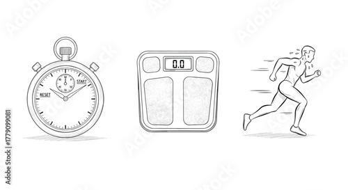 Fitness symbols stopwatch, scale, and runner in sketch style for wellness and exercise