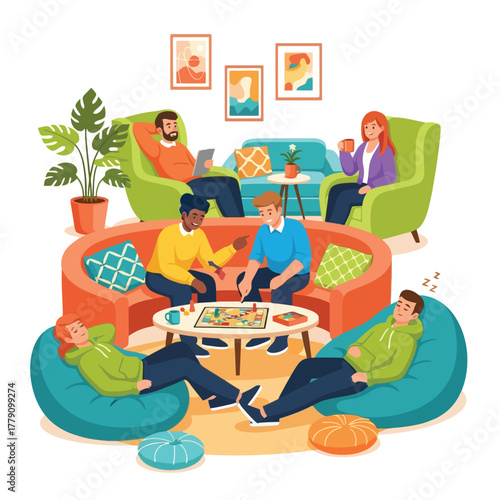 Friends enjoy game night together in vibrant living room illustration