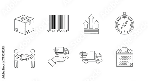 Minimalist delivery and shipping icons set logistics symbols for efficient transport