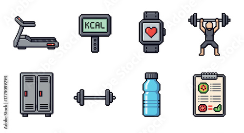 Pixel art icons fitness and gym essentials in retro style