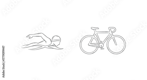 Minimalist outline of swimming and cycling icons for fitness theme