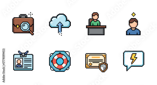 Pixel art business icons cloud, office, communication, and security
